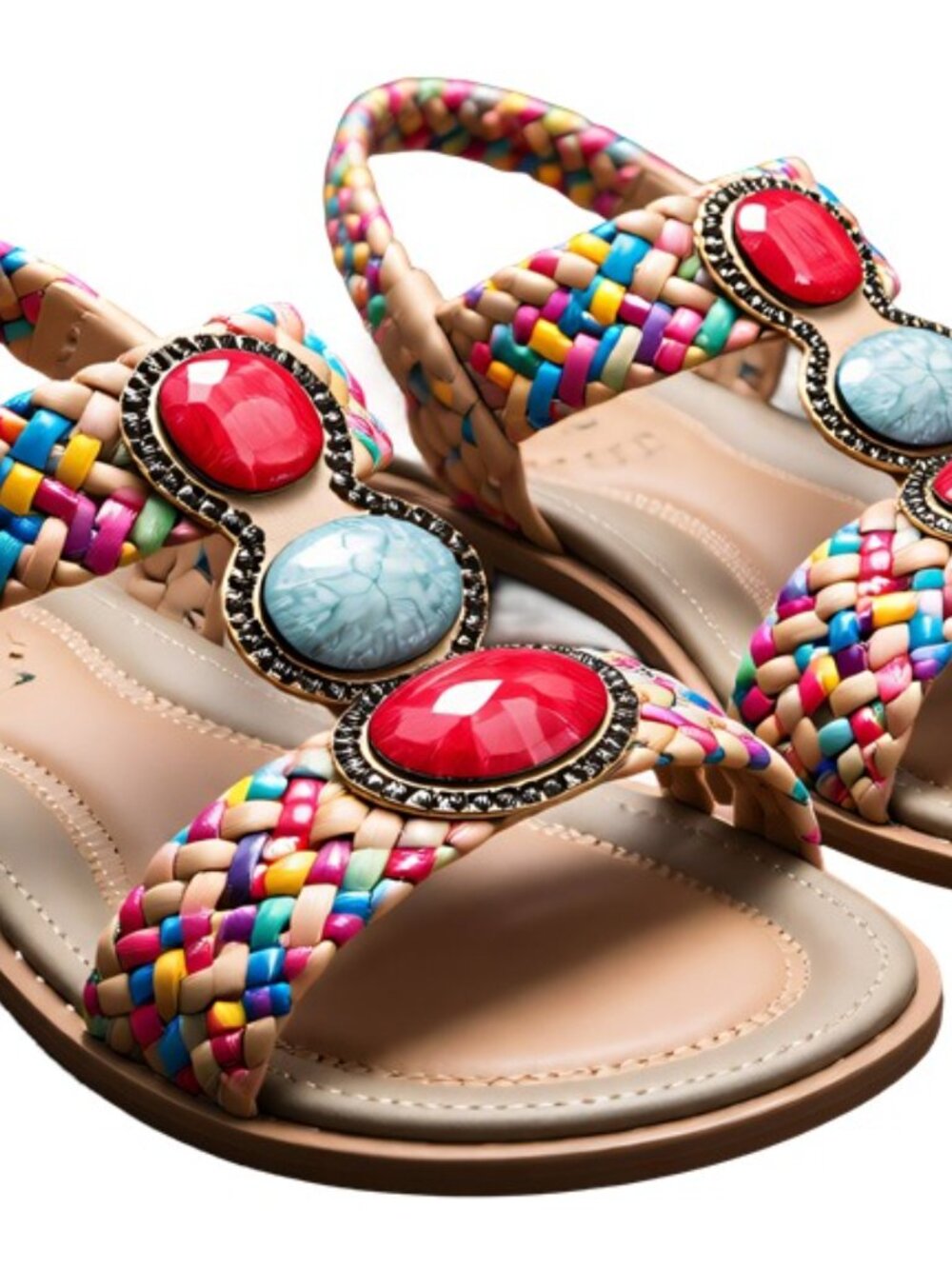 Zelatprox Boho Woven Flat Sandals Slip On Gemstone